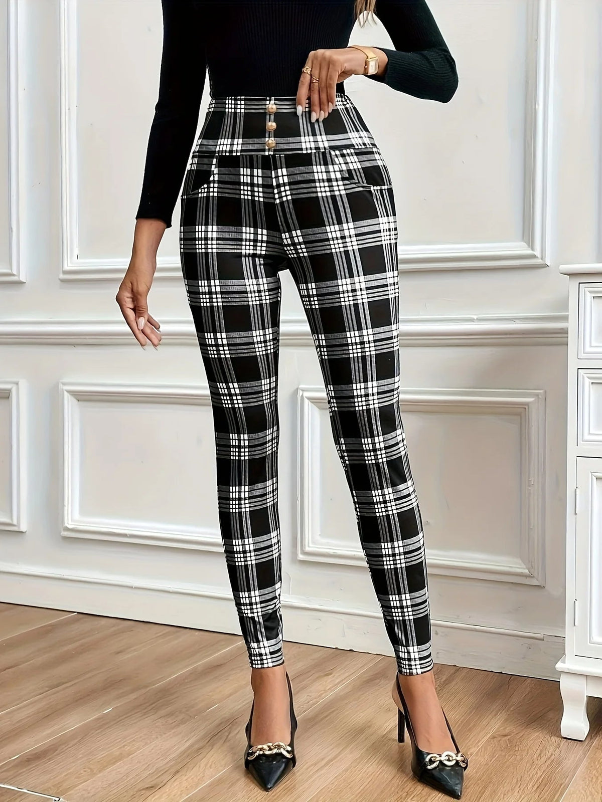 Pantalon Legging Taille Haute À Carreaux