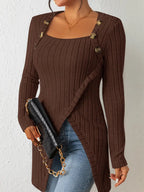 Top Asymétrique En Coton Avec Boutons et Côtes