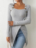 Top Asymétrique En Coton Avec Boutons et Côtes