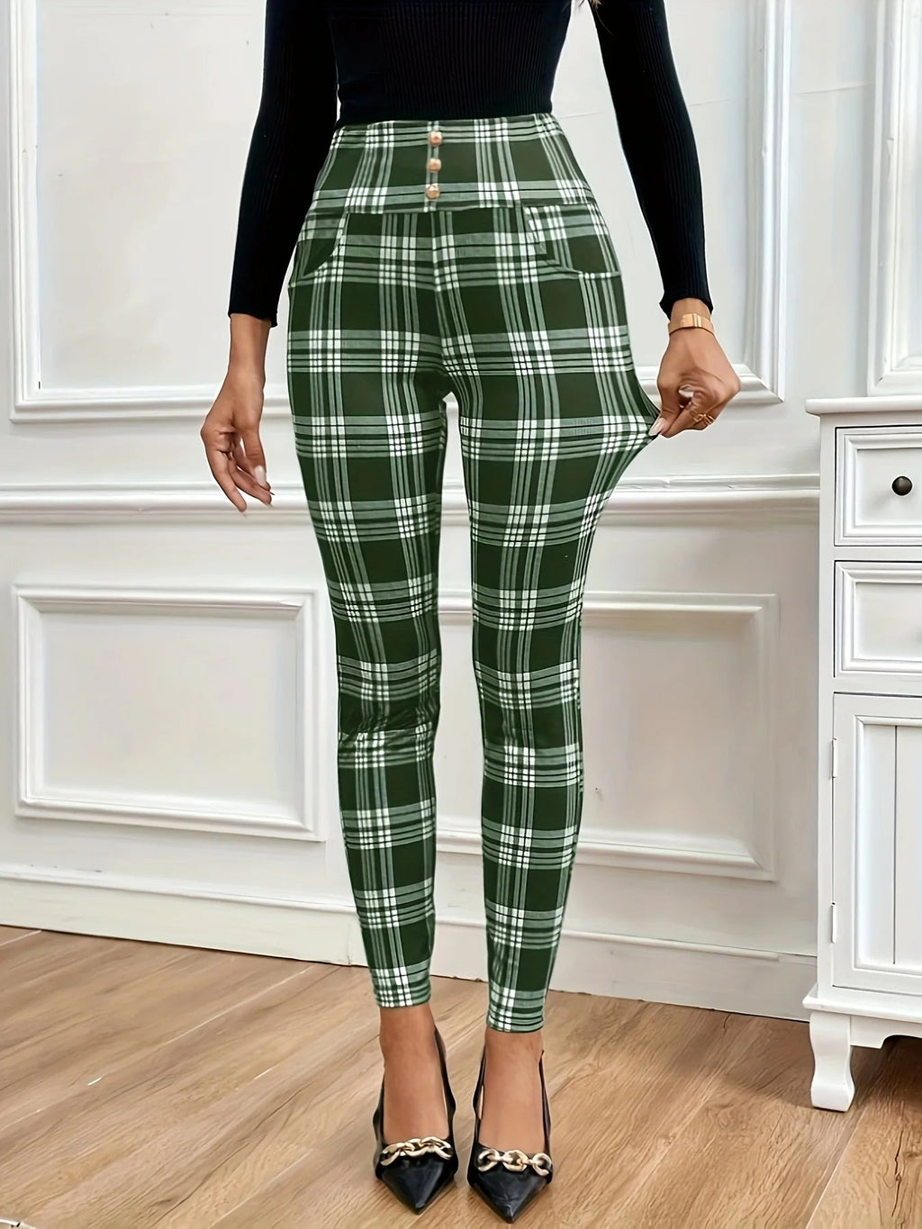 Pantalon Legging Taille Haute À Carreaux