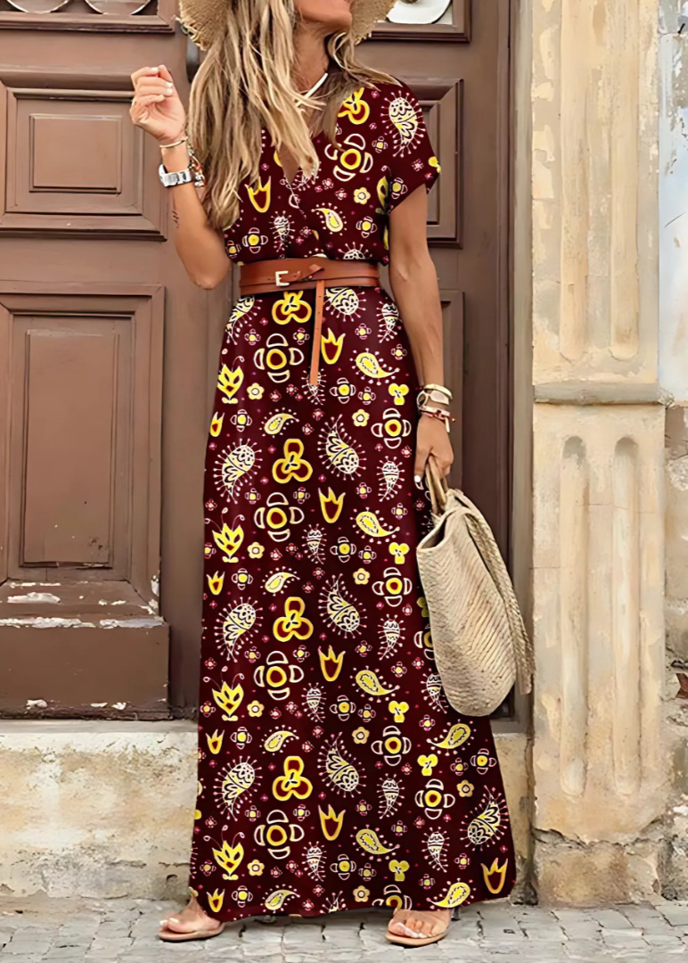 Robe Longue Bohème À Taille Plissée