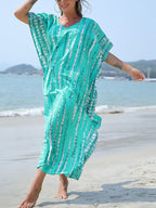 Women Print Beach Kaftan Dress Short Sleeve Plus Size Bathing Suit Cover Ups