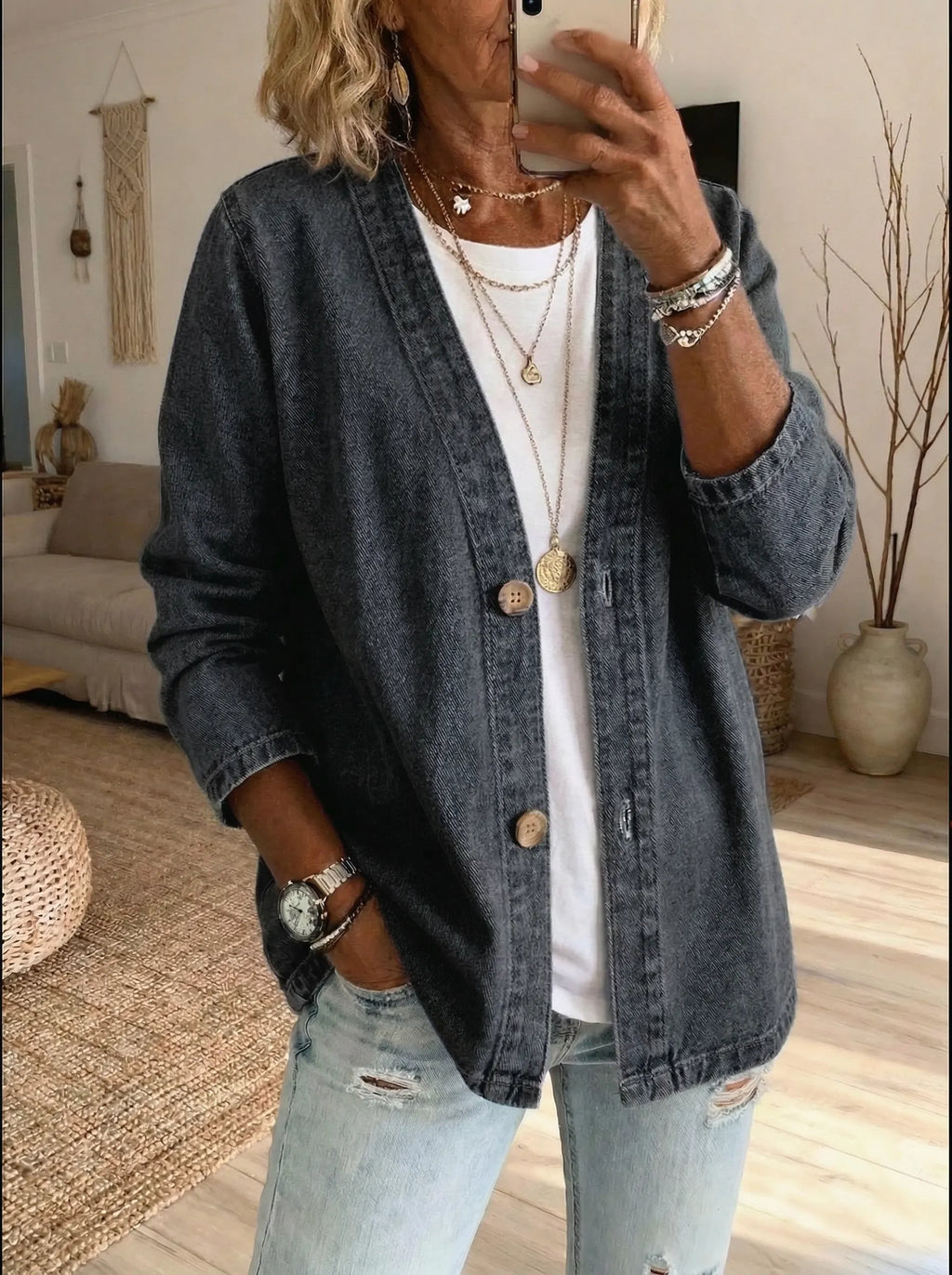 Veste Chemise En Denim À Boutons