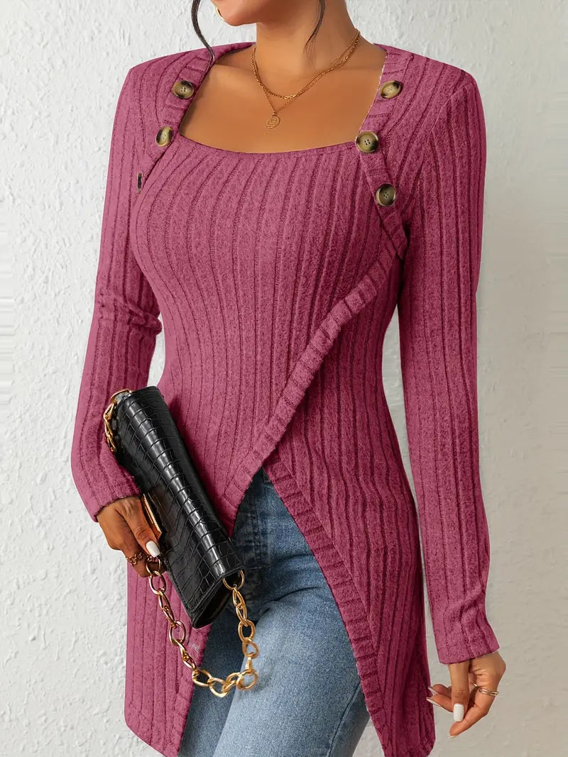 Top Asymétrique En Coton Avec Boutons et Côtes