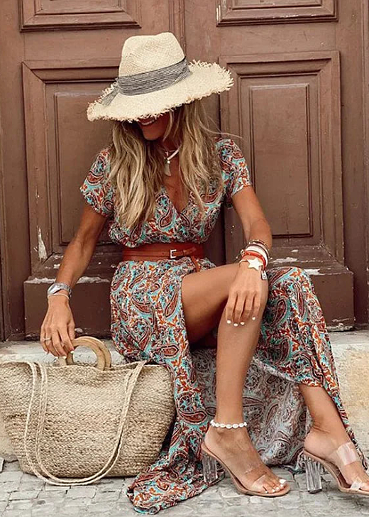 Robe Longue Bohème À Taille Plissée
