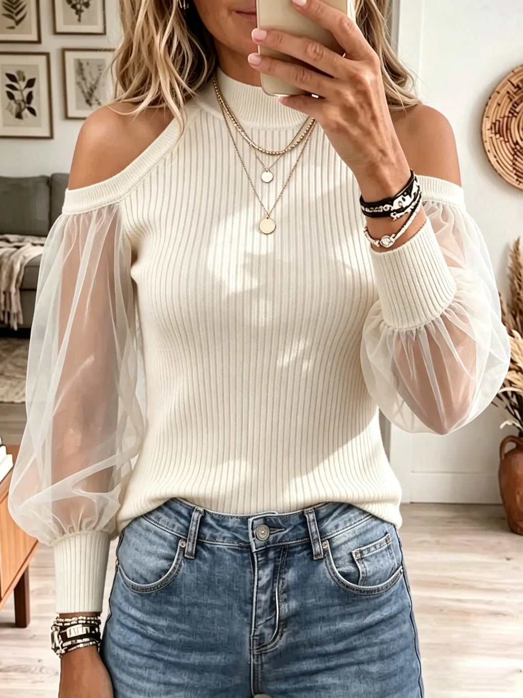 Top Claire En Maille À Manches Transparentes