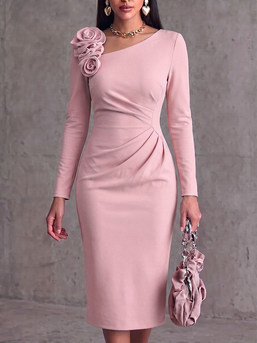 Robe Fanny À Encolure Asymétrique & Motif Rose En 3D