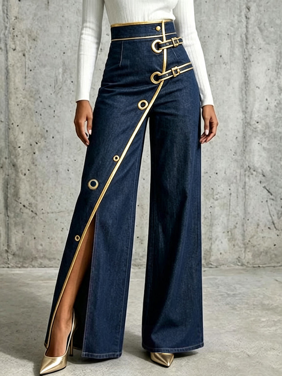 Pantalon Jean Orné En Liseré Doré