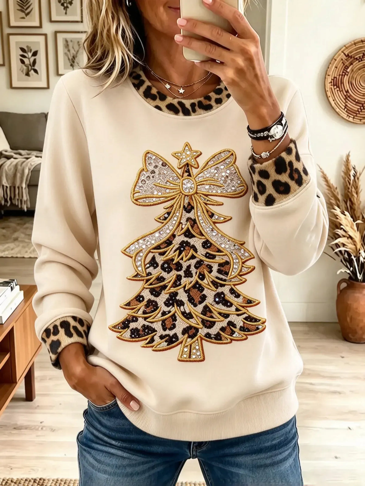 Pull À Motif «nœud de sapin de Noël léopard»