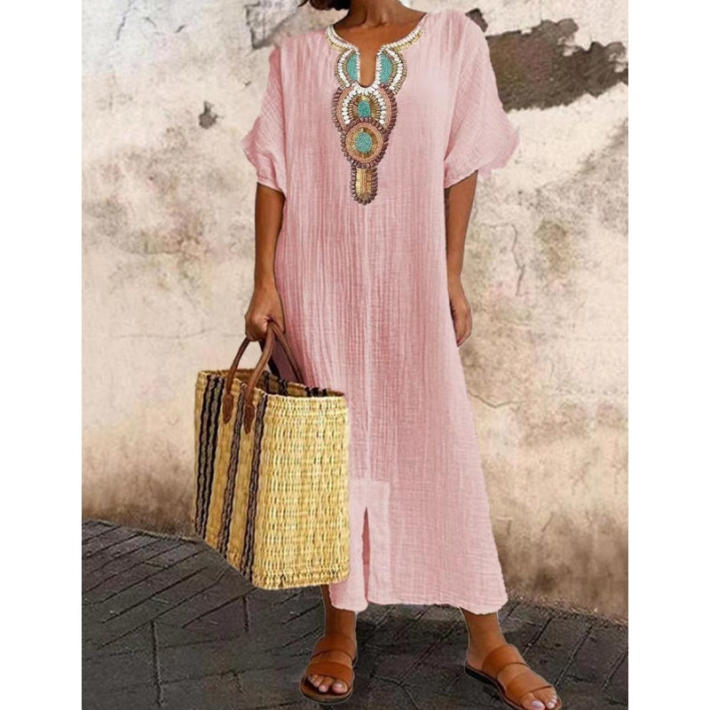 Robe Lisboa Fendue En Lin Brodée