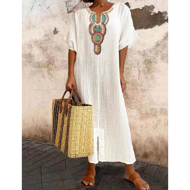 Robe Lisboa Fendue En Lin Brodée