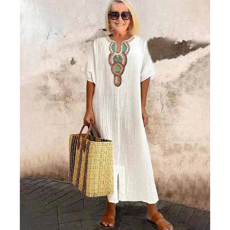 Robe Lisboa Fendue En Lin Brodée